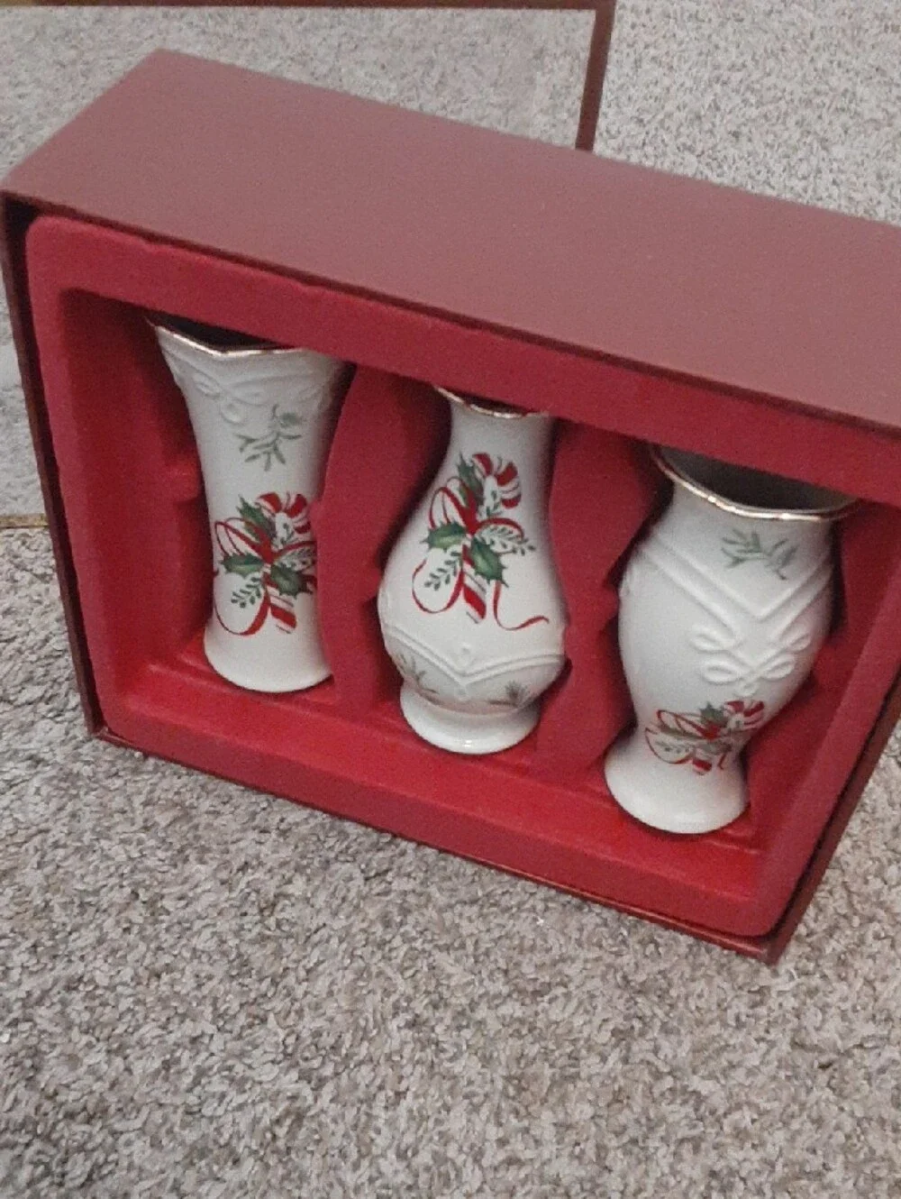 Lenox Christmas Bud Vases - Set with Red & Green Ribbon Motif